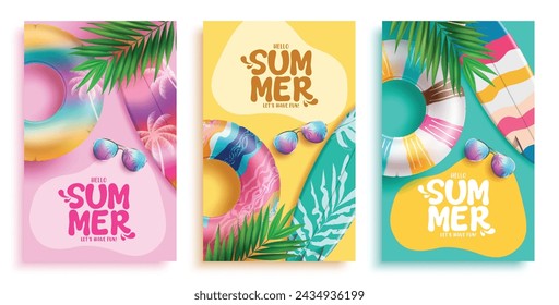 Hola diseño de poster vectorial de verano. Texto de saludo de verano con flotadores coloridos, tabla de surf y elementos de playa de gafas de sol para el fondo de la temporada tropical. Ilustración vectorial de verano hola 