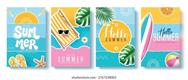 Hello Summer Vector Poster Set with Beach Elements Surfboard Palm Leaves Sunglasses and Beach Ball
