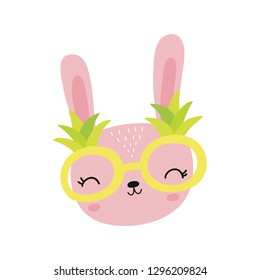 Hello Summer vector print with bunny. Cute bunny with sunglasses pineapples