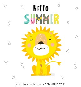 Hello summer vector print with sunny lion