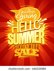 Hello summer vector retro style poster. Good bye spring, final spring sale banner