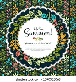 Hello Summer Vector Round Banner with seamless backdrop, cute flourish illustration with text. Useful layout for greeting card, calendar, print and web design, poster, sale banner, mail, ads, shop