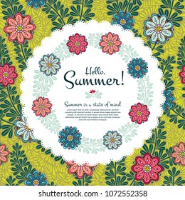 Hello Summer Vector Round Banner with seamless backdrop, cute flourish illustration with text. Useful layout for greeting card, calendar, print and web design, poster, sale banner, mail, ads, shop