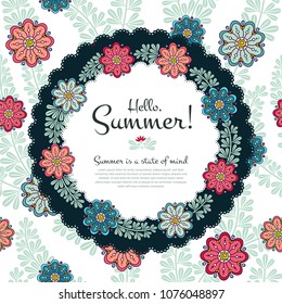 Hello Summer Vector Round Banner with seamless backdrop, cute flourish illustration with text. Useful layout for greeting card, calendar, print and web design, poster, sale banner, mail, ads, shop