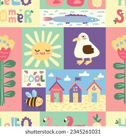 Hello summer vector seamless pattern. Modern style graphic cartoon seagull, sun, fish, bee, flower, Beach Huts texture