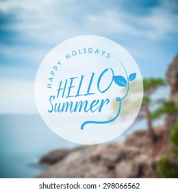Hello summer. Vector seascape background with rocks and tree