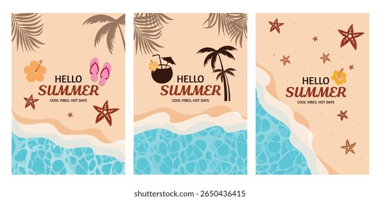 Hello Summer Vector Set with Beach and Palm Trees