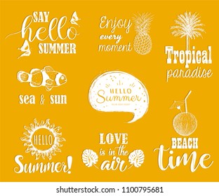 Hello summer vector set. Collection of hand lettering with summer phrases and sketches. 
