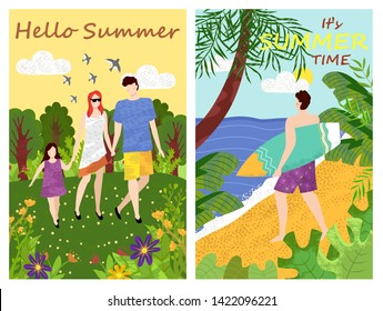 Hello summer vector, set of people relaxing at summertime, male with surfing board, surfer standing by seaside looking at waves of sea, family walking