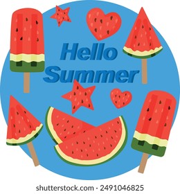 Hello summer. A summer vector set of watermelon slices and ice cream.