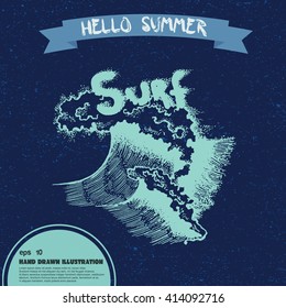 Hello summer. Vector sketch of the sea wave. Hand drawn illustration in dot art style. Drawing with lettering isolated on vintage background.