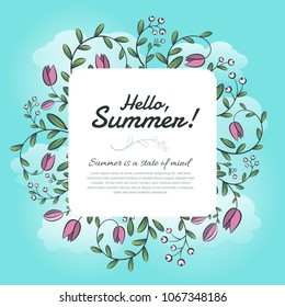 Hello Summer Vector Square Banner with colorful backdrop, cute flourish illustration with text. Useful layout for greeting card, calendar, print and web design, poster, sale banner, mail, ads, shop