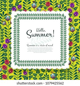 Hello Summer Vector Square Banner with seamless backdrop, cute flourish illustration with text. Useful layout for greeting card, calendar, print and web design, poster, sale banner, mail, ads, shop