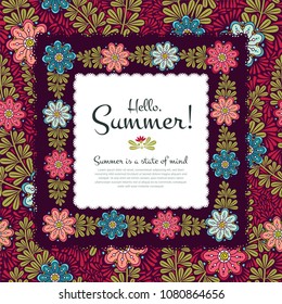 Hello Summer Vector Square Banner with seamless backdrop, cute flourish illustration with text. Useful layout for greeting card, calendar, print and web design, poster, sale banner, mail, ads, shop