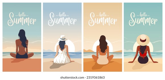 Hola, verano. Plantilla de historia vectorial diseñada con una joven en un sombrero sentado al atardecer en la playa, disfrutando del complejo, relajándose en la playa de arena costera en temporada de verano, vista trasera. Vista panorámica del océano