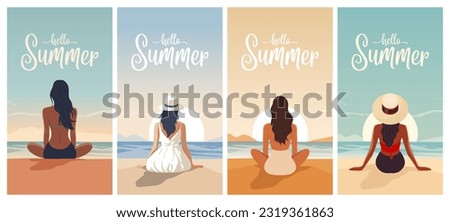 Hello Summer. Vector Story Template Designs with Young Woman in a Hat Sitting at Sunset on the Beach, Enjoying the Resort, Relaxing on Seaside Sand Beach in Summer Season, Back View. Ocean Scenic View