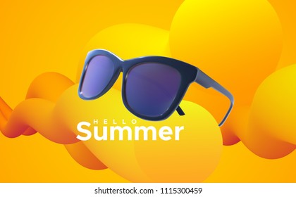 Hello Summer. Vector summertime illustration. Realistic 3d sunglasses and text label with abstract yellow and orange liquid color shapes. Seasonal poster. Fashion eyewear accessory design.