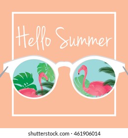 Vector de verano de Adiós. Lentes de sol con flamencos, filódendros y hojas de palmera fondo.