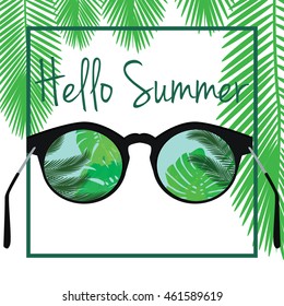 Hello summer vector. Sunglasses with philodendron and palm tree leaves.