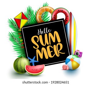 Hello summer vector template design. Hello summer text in black board space with palm leaves, beachball and watermelon tropical elements for relax holiday season vacation. Vector illustration