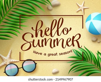 Hello summer vector template design. Hello summer greeting text in frame space with palm leaves, sunglasses and beachball elements for tropical season holiday messages. Vector illustration.
