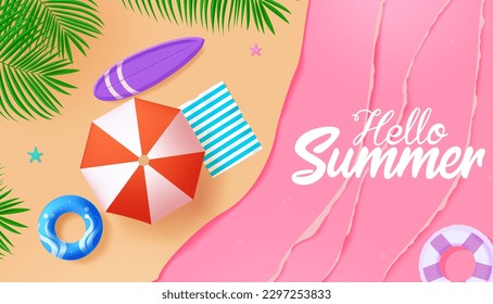 Hola diseño de texto vectorial de verano.  Texto de bienvenida veraniego en el fondo de la playa con vista superior. Ilustración vectorial de temporada de vacaciones tropicales.