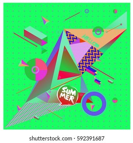 "Hello Summer." Vector of triangle geometric design. Modern and memphis style banner abstract backgrounds for poster, message presentations or identity layouts. 