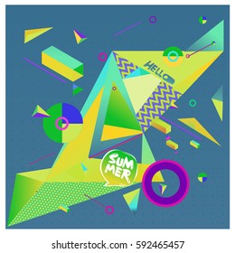 "Hello Summer." Vector of triangle geometric 3d forms. Modern info banner abstract backgrounds for poster, message presentations or identity layouts. Graphic template and ideas.