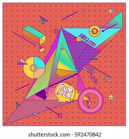 "Hello Summer." Vector of triangle geometric 3d forms. Modern info banner abstract backgrounds for poster, message presentations or identity layouts. Graphic template and ideas.