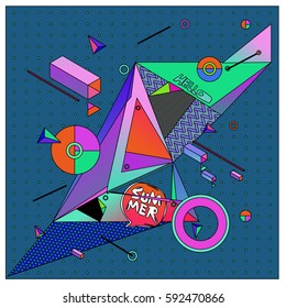 "Hello Summer." Vector of triangle geometric 3d forms. Modern info banner abstract backgrounds for poster, message presentations or identity layouts. Graphic template and ideas.