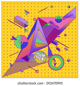 "Hello Summer." Vector of triangle geometric 3d forms. Modern info banner abstract backgrounds for poster, message presentations or identity layouts. Graphic template and ideas.
