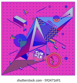 "Hello Summer." Vector of triangle geometric 3d forms. Modern info banner abstract backgrounds for poster, message presentations or identity layouts. Graphic template and ideas.