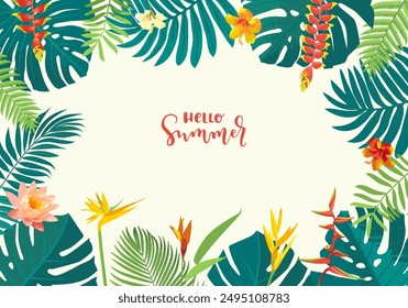 Hello Summer vector tropical jungle horizontal flyer, poster, banner template. Calligraphic summer design. Monstera, hibiscus, bird of paradise flowers, tropical plants. Summertime illustration