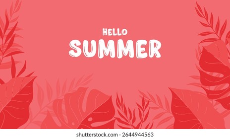 Hello Summer Vector with Tropical Leaves on Coral Background.