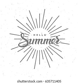 Hello Summer. Vector typographic illustration of handwritten Hello Summer greeting label with burst. Lettering logo composition. Postcard design