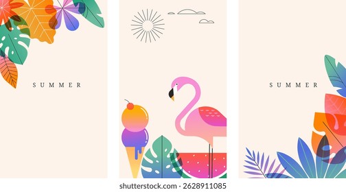 Olá Verão fundos verticais com ícones tropicais. Ilustração vetorial plana colorida de flamingo, folhas de selva, melancia, maiô, óculos de sol e sorvete em estilo vibrante moderno. Na moda
