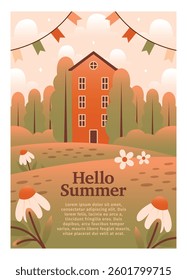 Hello Summer. Vertical summer banner with landscape, cottage, flowers, bunting flags. Flyer template design with text. Cute vector illustration with nature scene, rural view, house, trees.  