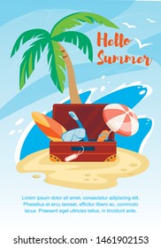 Hello Summer Vertical Banner, Suitcase with Traveling Attributes as Snorkeling Mask, Umbrella, Surfing Board, Flip Flops on Seaside Background Summertime Vacation. Cartoon Flat Vector Illustration