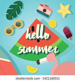 "Hello Summer" a summer vibe simple illustration with lot of summer stuff (watermelon,lemon,camera,starfish,surfboard,popsicle,sunglasses,leaves and flamingo.Illustration with vibrant color&happy mood