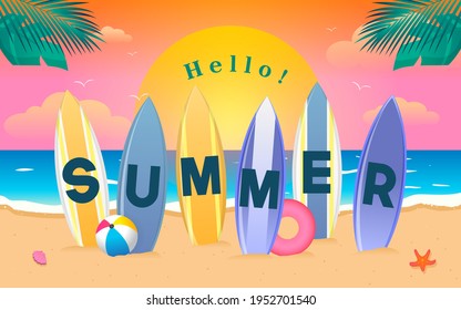 Hello! Summer vibe vector illustration. Sunset on the beach with surfboards