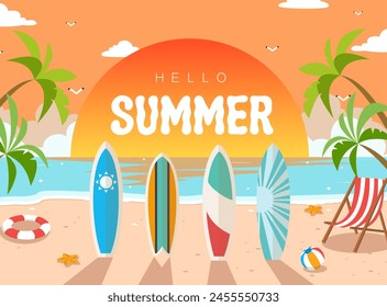 Hello Summer vibe vector illustration. Sunset on the beach with surfboards Tropical poster colorful background