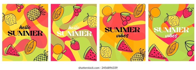 Hello summer, Summer vibes! colorful banner design. Creative concept for a set of summer bright and juicy cards. Modern abstract artistic design with flowing shapes, fruits and berries.