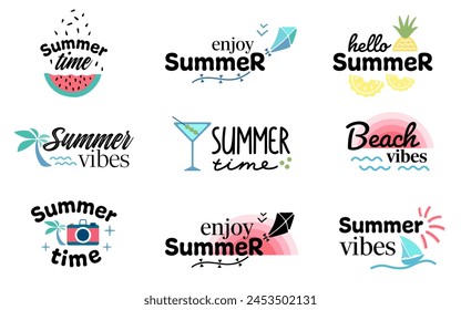 Hello summer. Summer vibes. Summer lettering set. Summer time. Inscription for cards, posters, printing on T-shirts.
