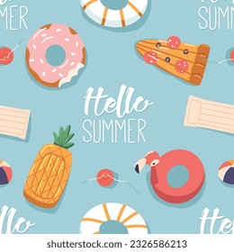 Hello Summer Vibrant Seamless Pattern With Floating Air Mattresses And Colorful Rings On Water, Vector Illustration