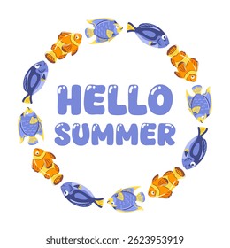 hello summer. A vibrant and whimsical vector illustration featuring a variety of colorful fish gracefully swimming in a circular, creating a lively underwater scene.