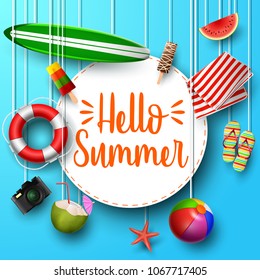 Hello Summer. View of surfboard, lifebuoy, camera, mat, ball, and round paper hanging on blue background