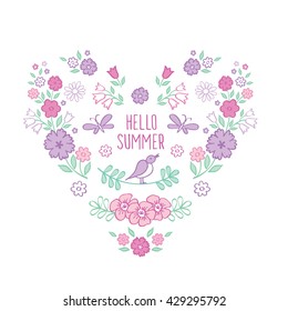 Hello summer. Vintage heart of flowers. Hand drawn decorative floral elements for mother's day, birthday, wedding. Doodles, sketch. Vector illustration.