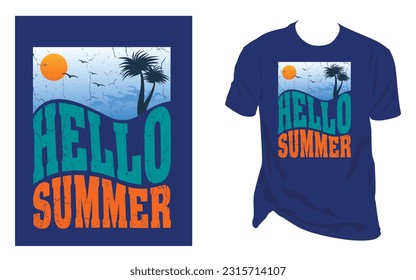 hello summer vintage t shirt design with sun sea palm tree bird, t shirt design for summer season vacation holiday