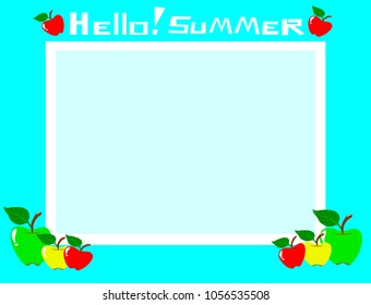 Hello summer wallpaper frame decorated with lovely apples, Illustration vector