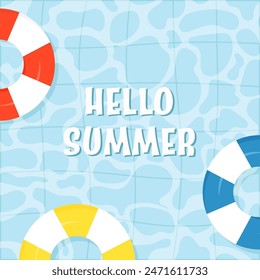 Hello summer, water pool with floating rubber rings. Vector square background, card.